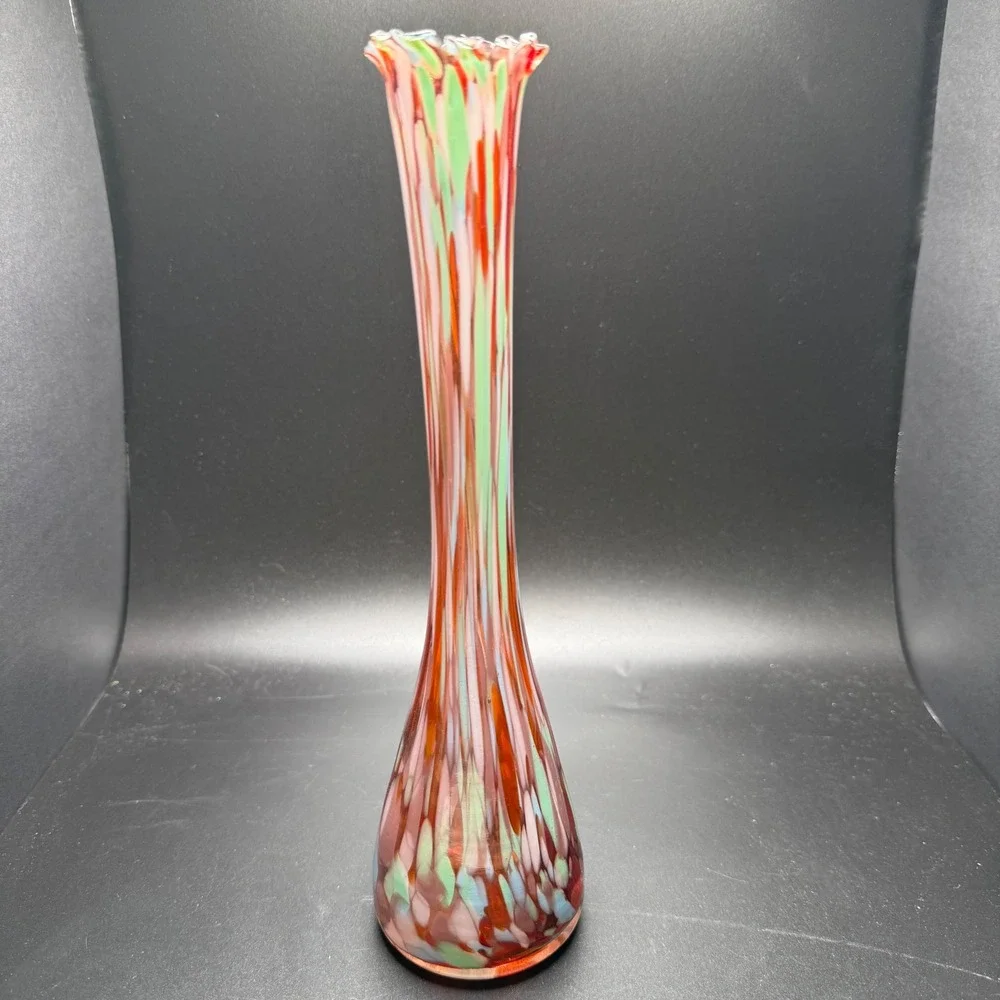 Vintage Art Glass Bud Vase Red Green White Confetti Striped Ruffled Rim 11 inch